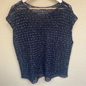 Eileen Fisher Black with Cream Open Knit Top Organic Linen - Sz M